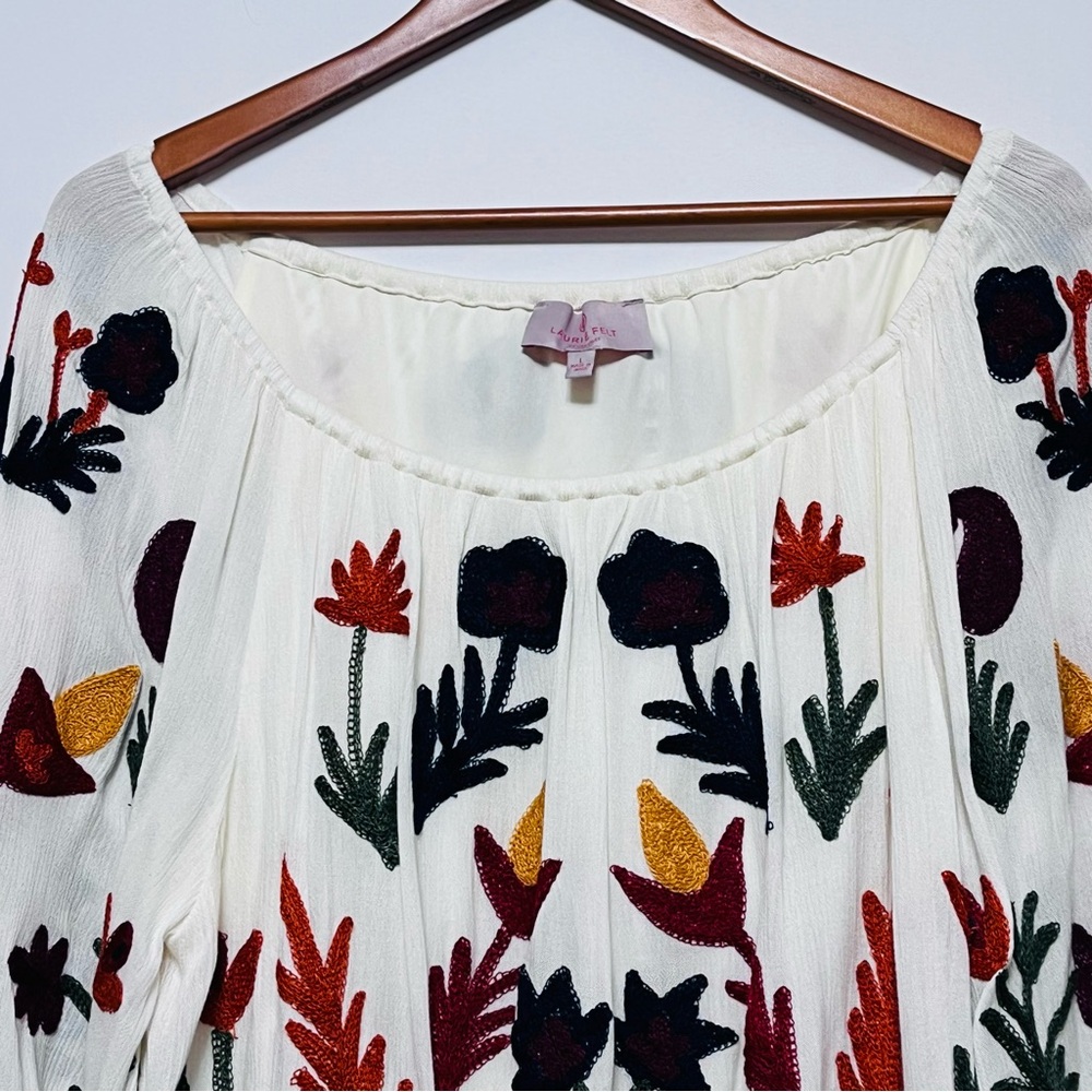 LAURIE FELT Embroidered Boho Blouse Size L Ivory Artsy Floral Balloon Sleeve Top - Picture 3 of 16